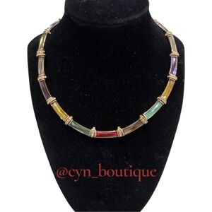 🌈🔹️True To Form 🔹️Rainbow Crystal Bar Statement Necklace with Gold Links